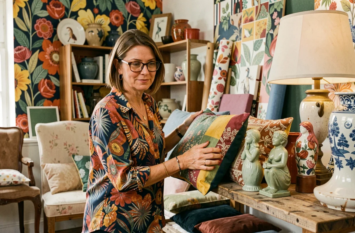 Minette Olga, décoratrice d'intérieur à Mulhouse, arrangeant des objets décoratifs colorés et éclectiques dans son atelier créatif