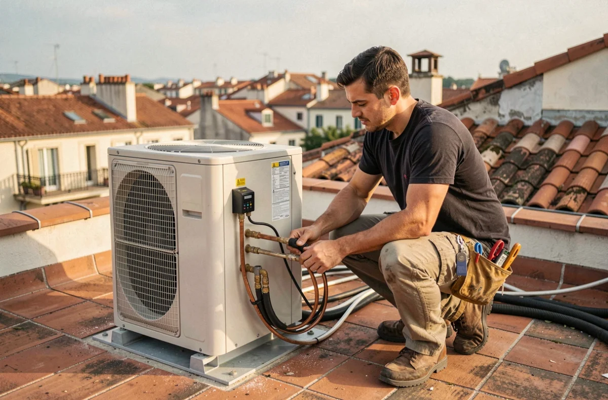 Installateur Mingueza raccordant des lignes frigorifiques sur une terrasse de toiture à Lyon