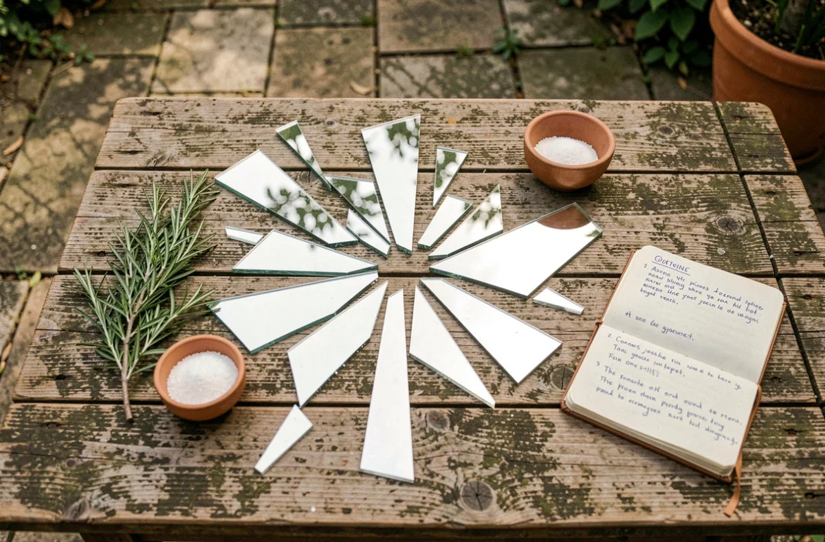 Miroir brisé posé sur une table en bois avec du romarin, du sel et un carnet dans un jardin