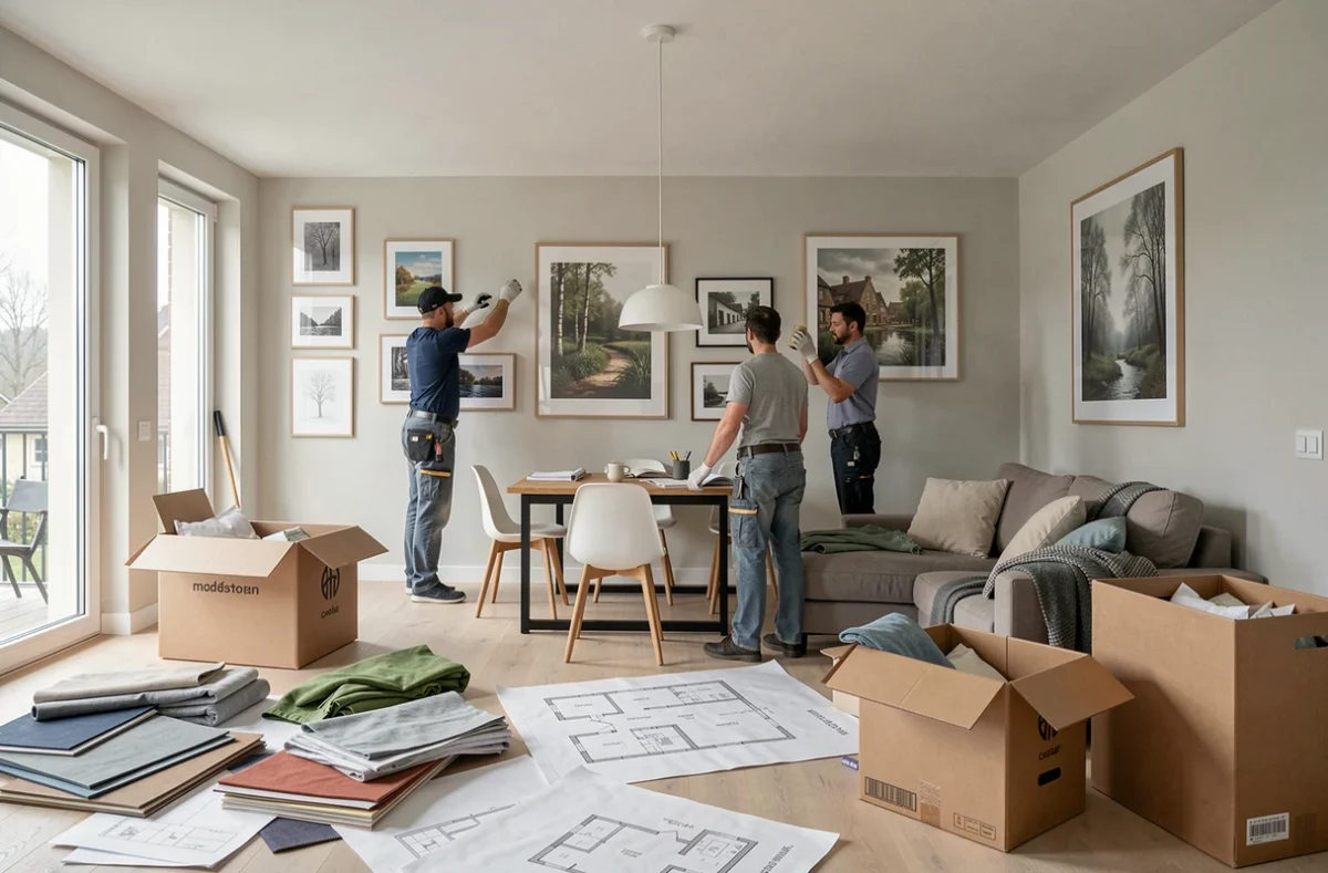 Équipe de MV Service en train d'aménager et décorer un appartement moderne à Pfastatt avec pose de mobilier et œuvres murales