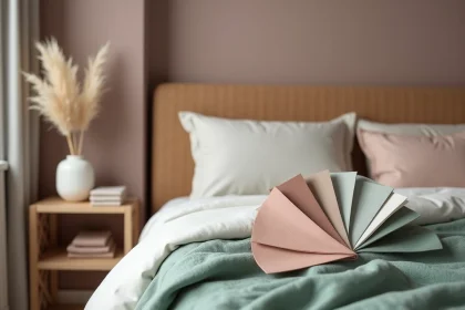 Nuancier de couleurs apaisantes posé sur un lit avec textiles en lin et boucle dans une chambre aux tons doux