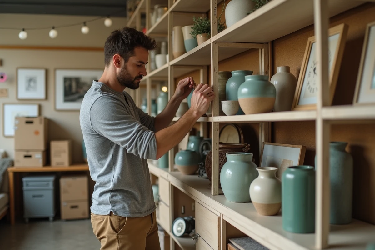 Homme organisant des objets de décoration pour les préparer à la vente en dépôt vente à Caen