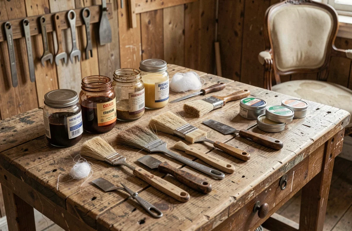 Outils et produits de restauration de meubles anciens disposés sur un établi en chêne dans un atelier traditionnel