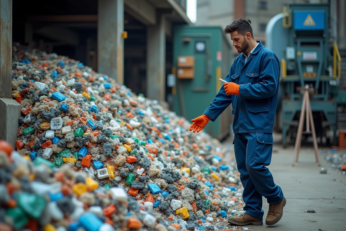 Jeune homme inspectant des déchets de plastique dans une usine de recyclage