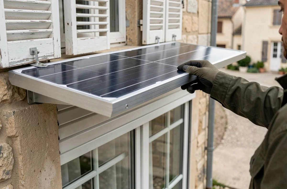 Gros plan sur le panneau solaire d'un volet roulant en cours de réglage