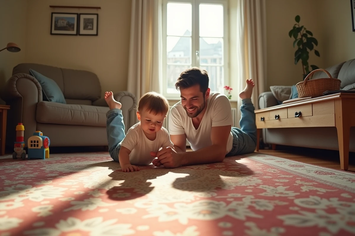 Pere jouant avec son enfant sur tapis coloré