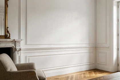 Mur en papier peint blanc avec moulures en plâtre dans un salon haussmannien chic aux tons ivoire