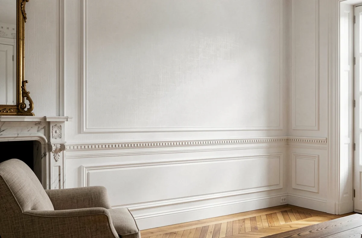 Mur en papier peint blanc avec moulures en plâtre dans un salon haussmannien chic aux tons ivoire