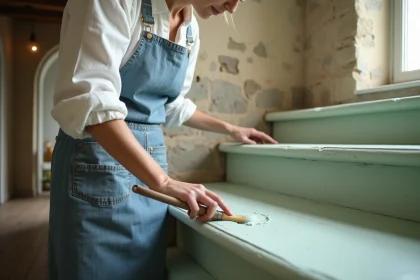 Femme appliquant une peinture écologique à la craie sur un escalier en bois ancien sans ponçage préalable