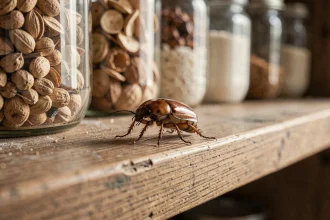 Gros plan macro d'un petit insecte marron sur une étagère de cuisine en bois