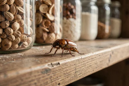 Gros plan macro d'un petit insecte marron sur une étagère de cuisine en bois