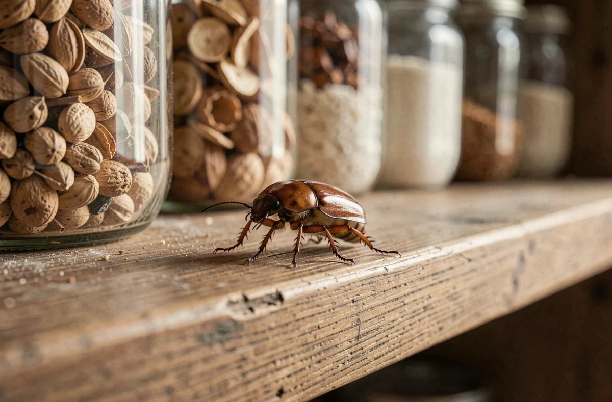 Gros plan macro d'un petit insecte marron sur une étagère de cuisine en bois