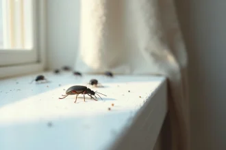 Petits insectes noirs sur un rebord de fenêtre en bois blanc à l'intérieur d'une maison