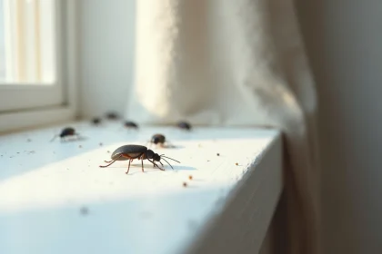 Petits insectes noirs sur un rebord de fenêtre en bois blanc à l'intérieur d'une maison