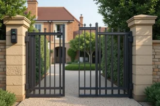 Portail en fer forgé noir avec digicode sur pilier en pierre pour maison de famille sécurisée
