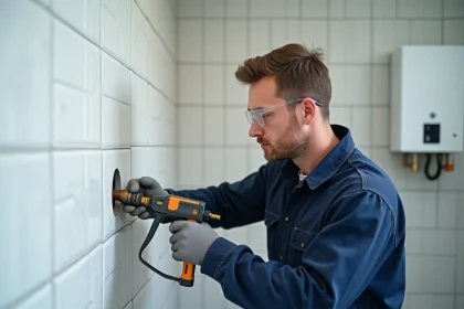 Plombier injectant de la résine chimique dans un mur carrelé pour fixer un chauffe-eau