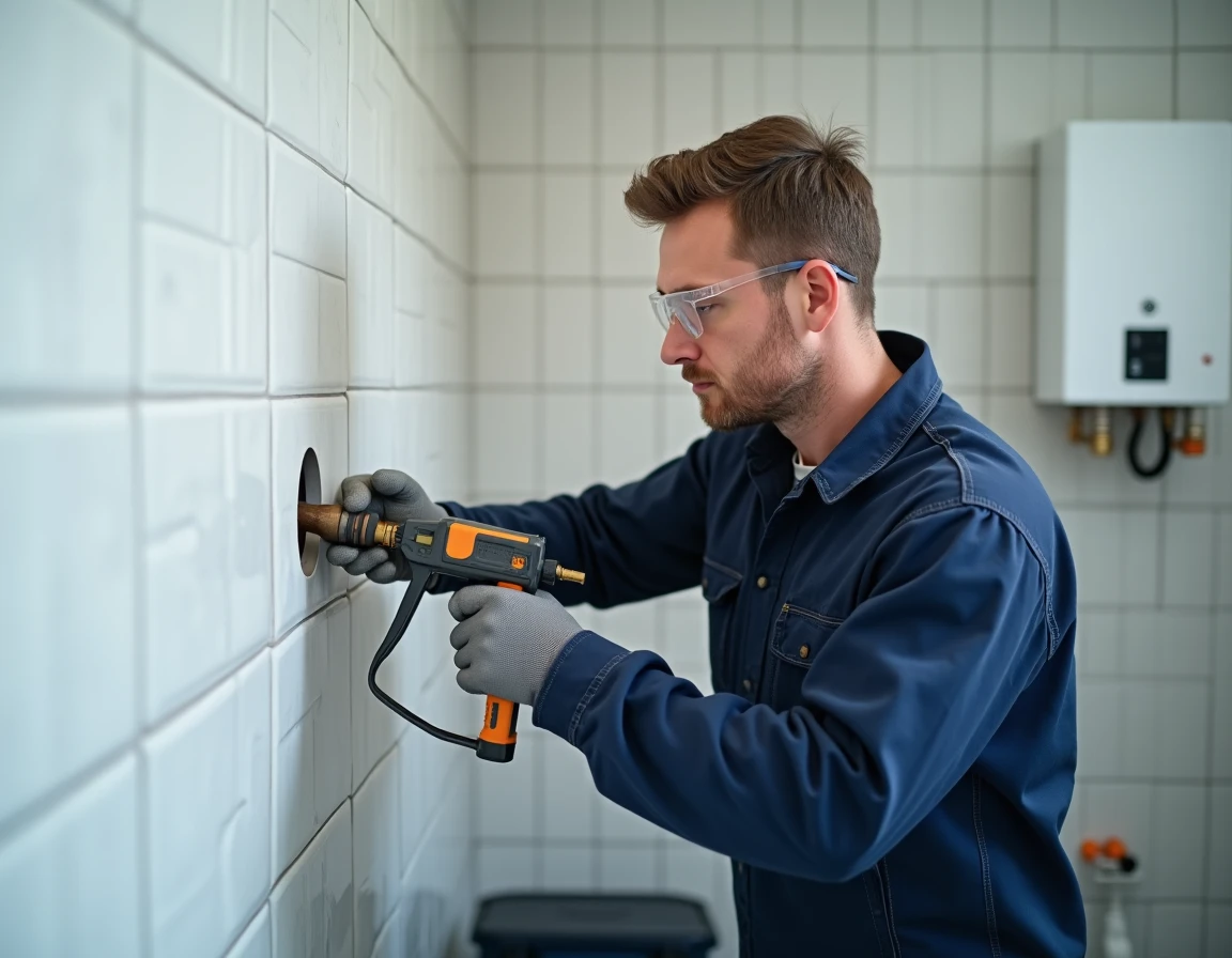 Plombier injectant de la résine chimique dans un mur carrelé pour fixer un chauffe-eau