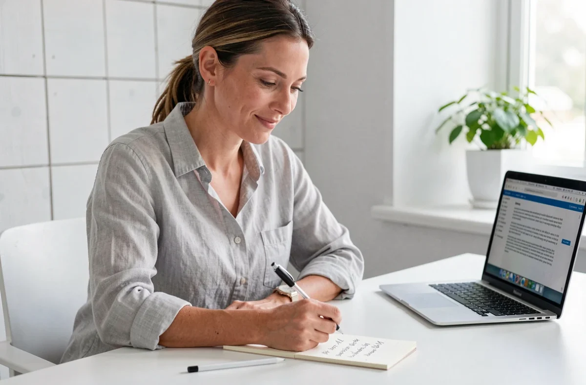 Femme préparant une liste de mots commençant par M pour le jeu du baccalauréat, assise à un bureau minimaliste