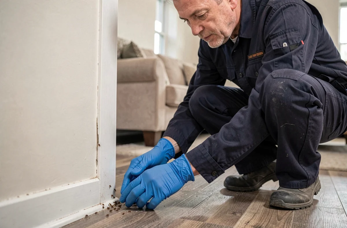 Professionnel de la désinsectisation inspectant des insectes marrons sur une plinthe de maison