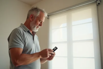 Homme programmant une télécommande Somfy RTS devant un volet roulant intérieur dans un salon moderne