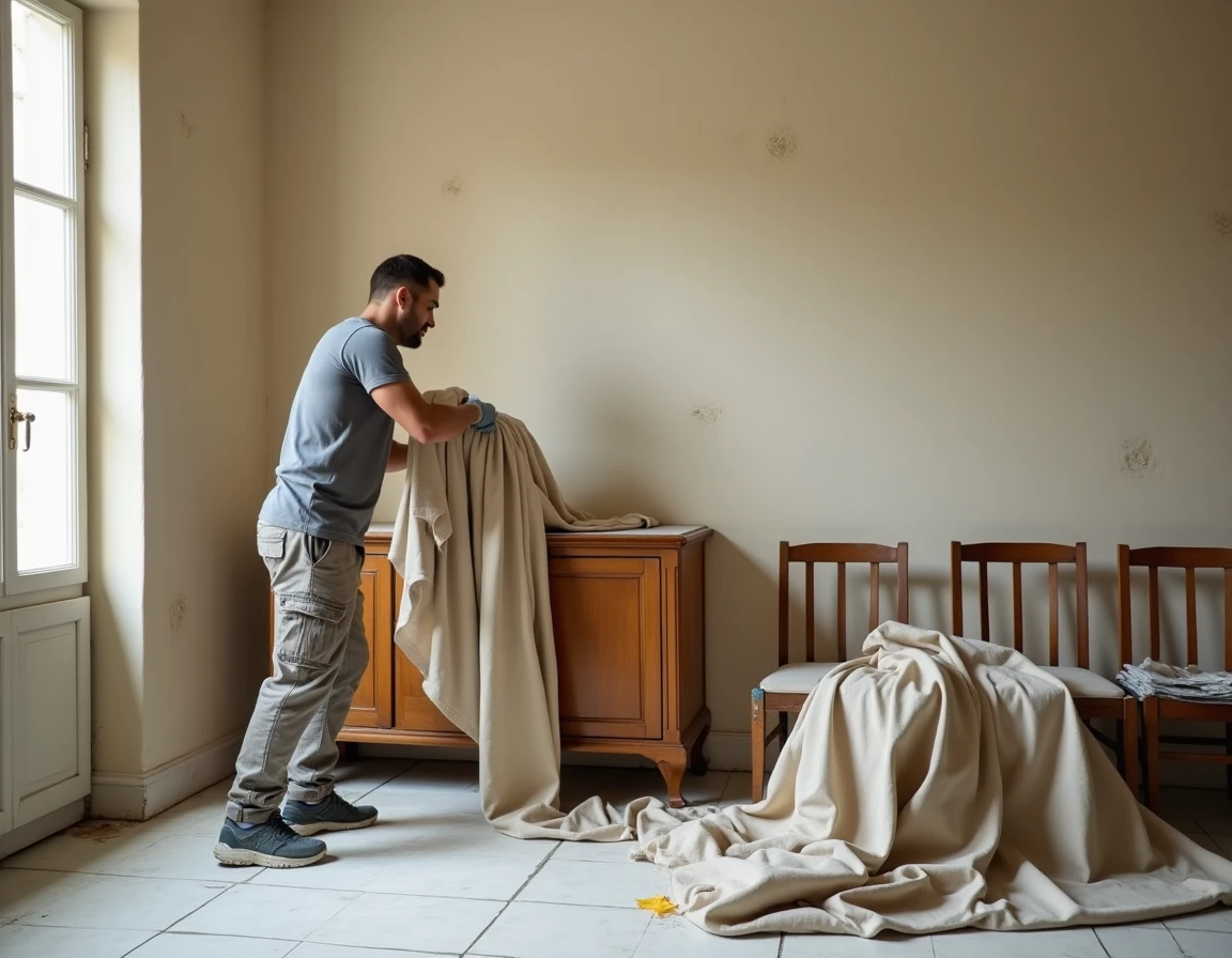 Homme recouvrant des meubles avec des draps de protection avant de lessiver les murs d'une salle à manger