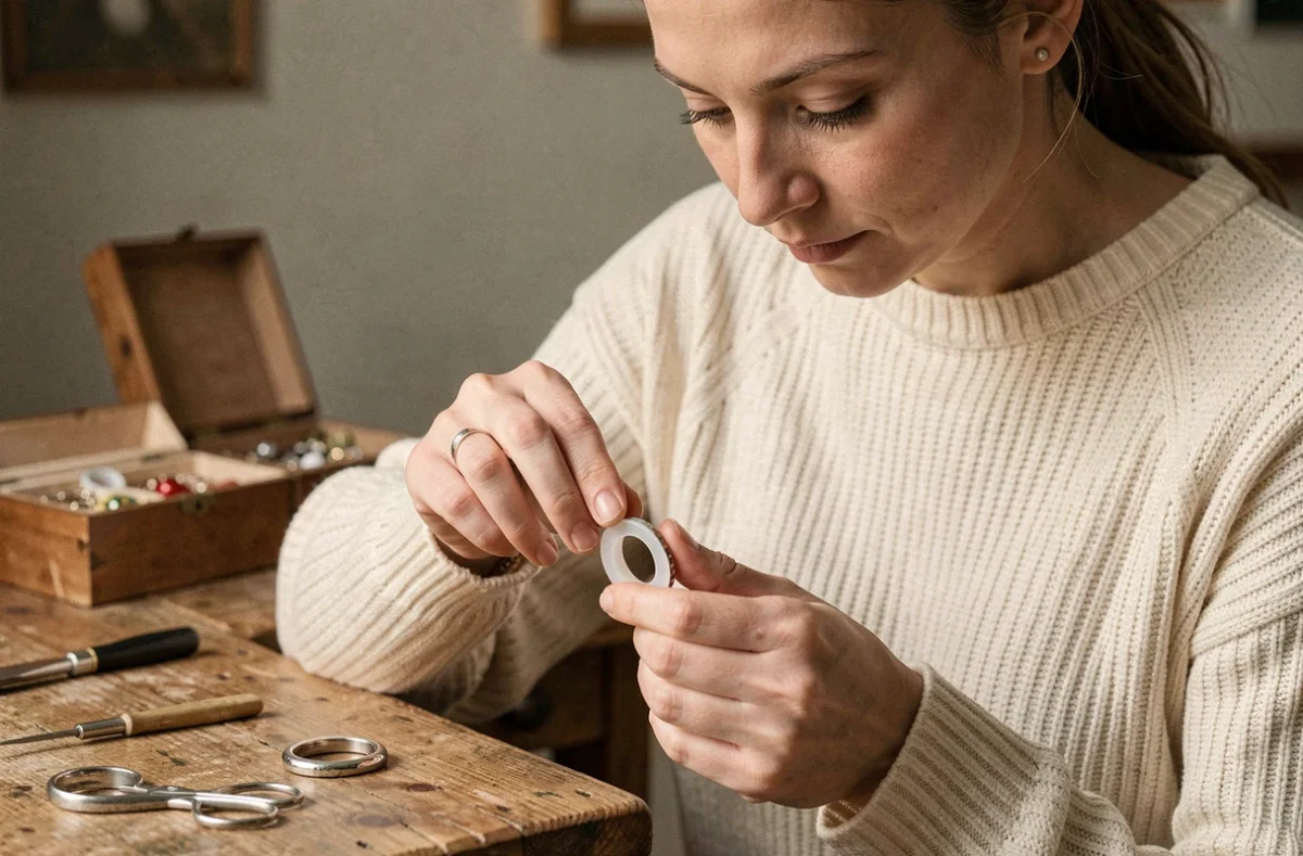 Jeune femme ajustant une bague trop grande avec un réducteur de bague en silicone transparent, assise à un bureau en bois rustique, astuce bijou maison