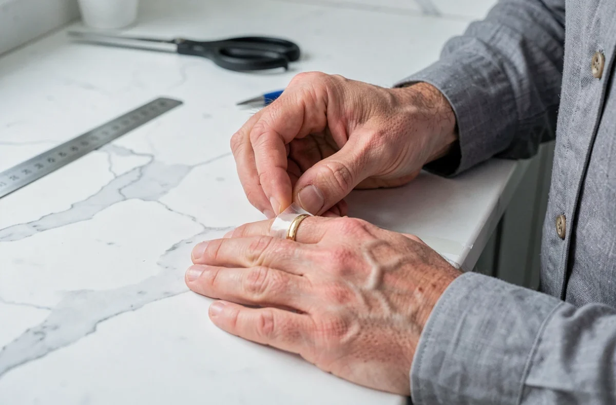 Mains masculines enroulant du ruban adhésif transparent à l'intérieur d'une bague en or trop grande sur un comptoir en marbre blanc, solution rapide maison