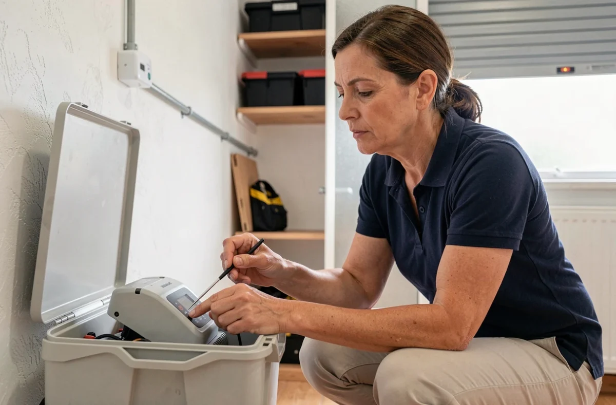 Femme réinitialisant le moteur d'un volet roulant solaire dans une pièce technique