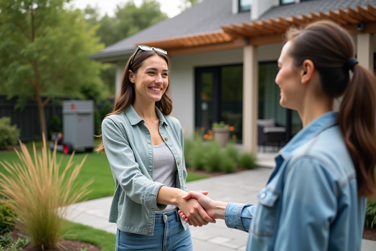 Femme client et designer en pleine discussion dans un jardin