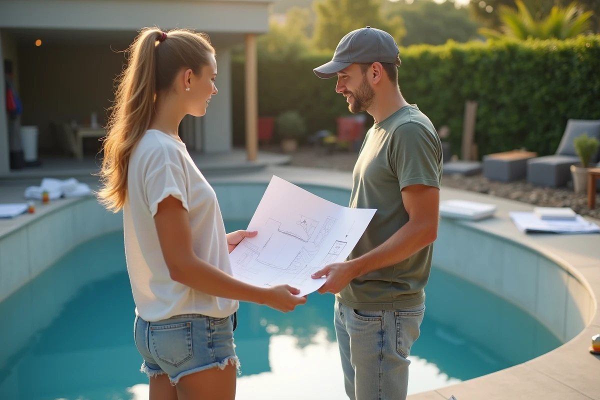 Jeune femme vérifiant plans de rénovation piscine