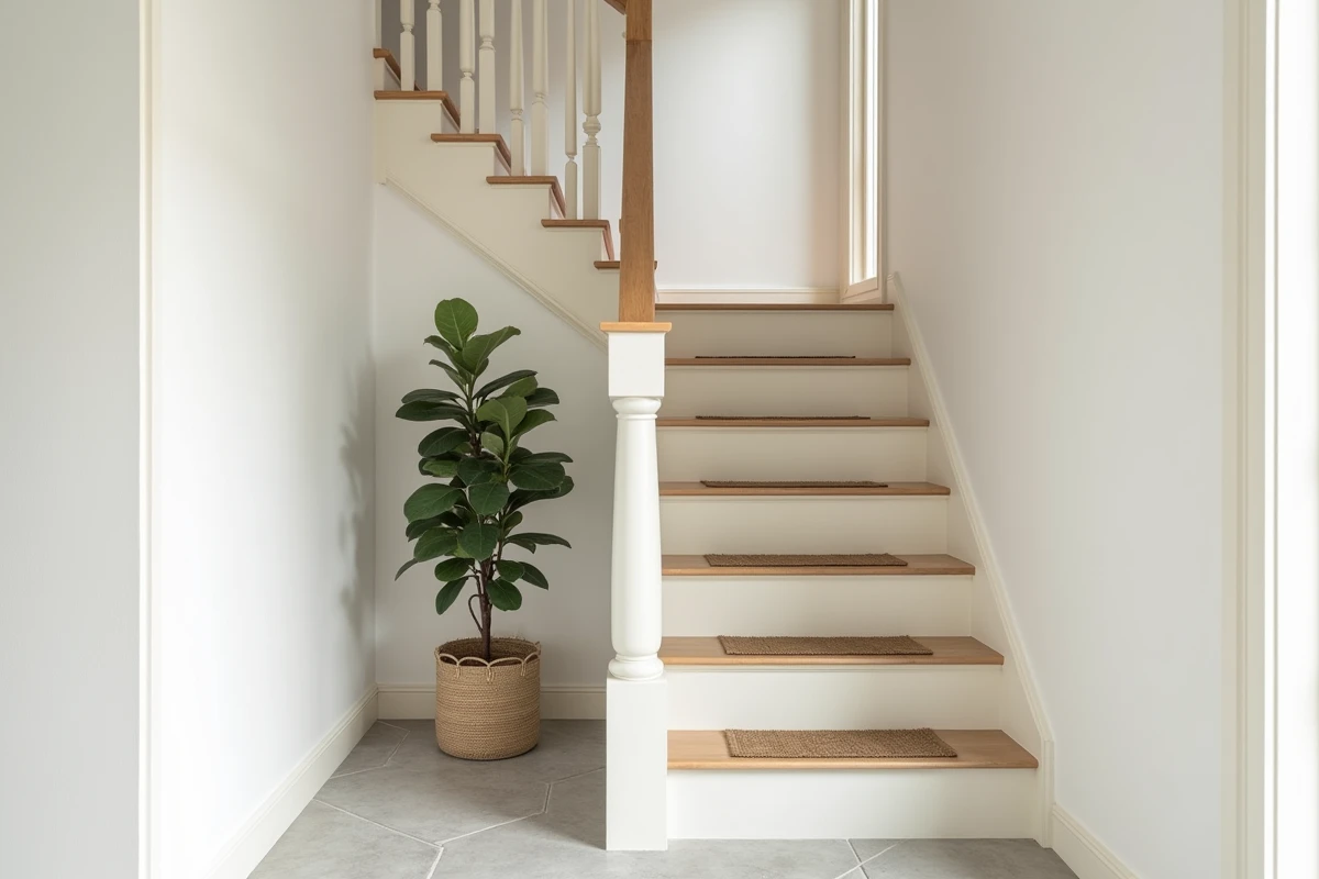 Escalier en bois rénové avec une peinture écologique sans ponçage, résultat final mat et naturel dans un intérieur scandinave