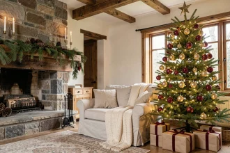 Salon décoré pour Noël avec sapin illuminé, cheminée en pierre garnie de guirlandes de sapin et cadeaux emballés sous le sabre