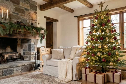 Salon décoré pour Noël avec sapin illuminé, cheminée en pierre garnie de guirlandes de sapin et cadeaux emballés sous le sabre