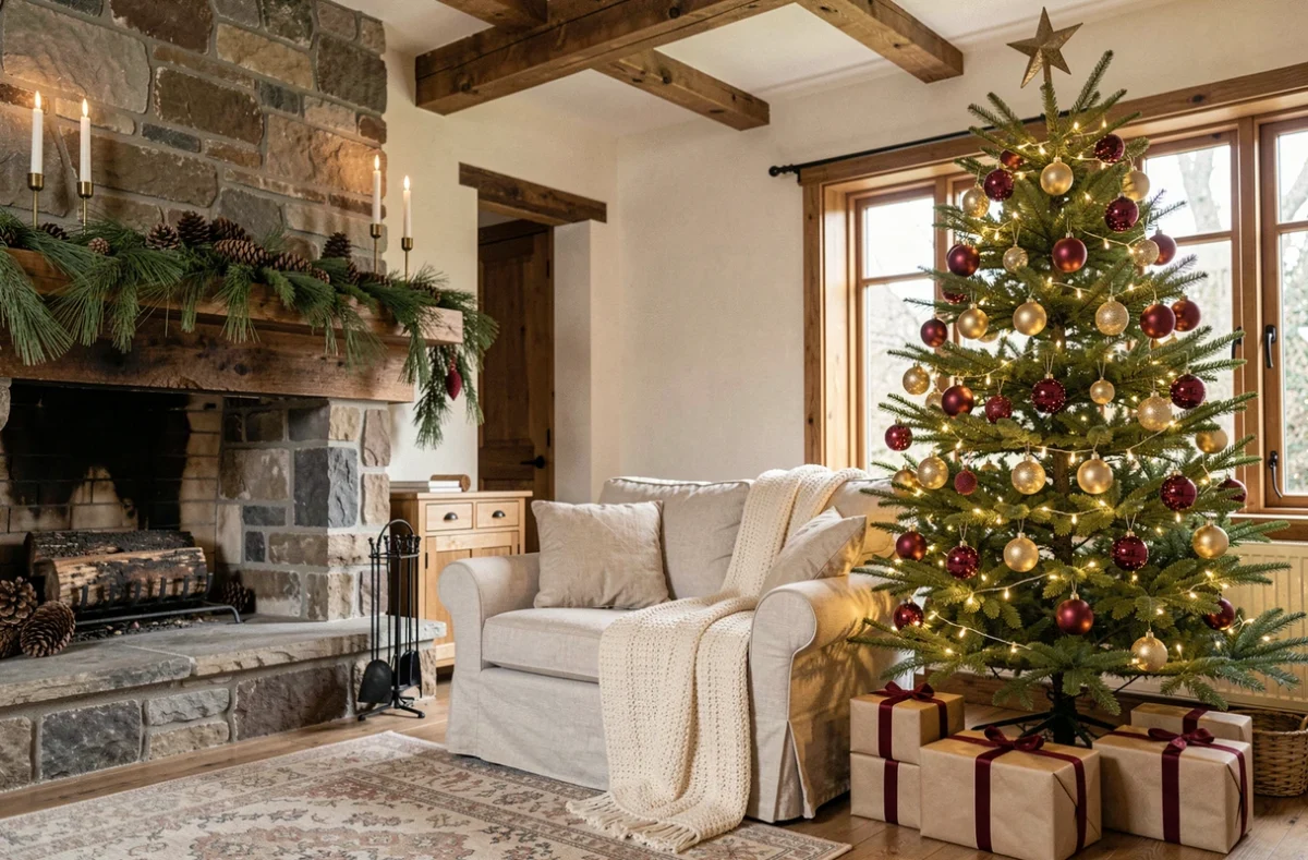 Salon décoré pour Noël avec sapin illuminé, cheminée en pierre garnie de guirlandes de sapin et cadeaux emballés sous le sabre
