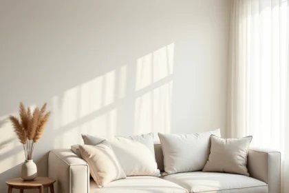 Salon scandinave avec papier peint blanc intissé effet lin texturé sur un mur principal, canapé en lin beige et décoration minimaliste