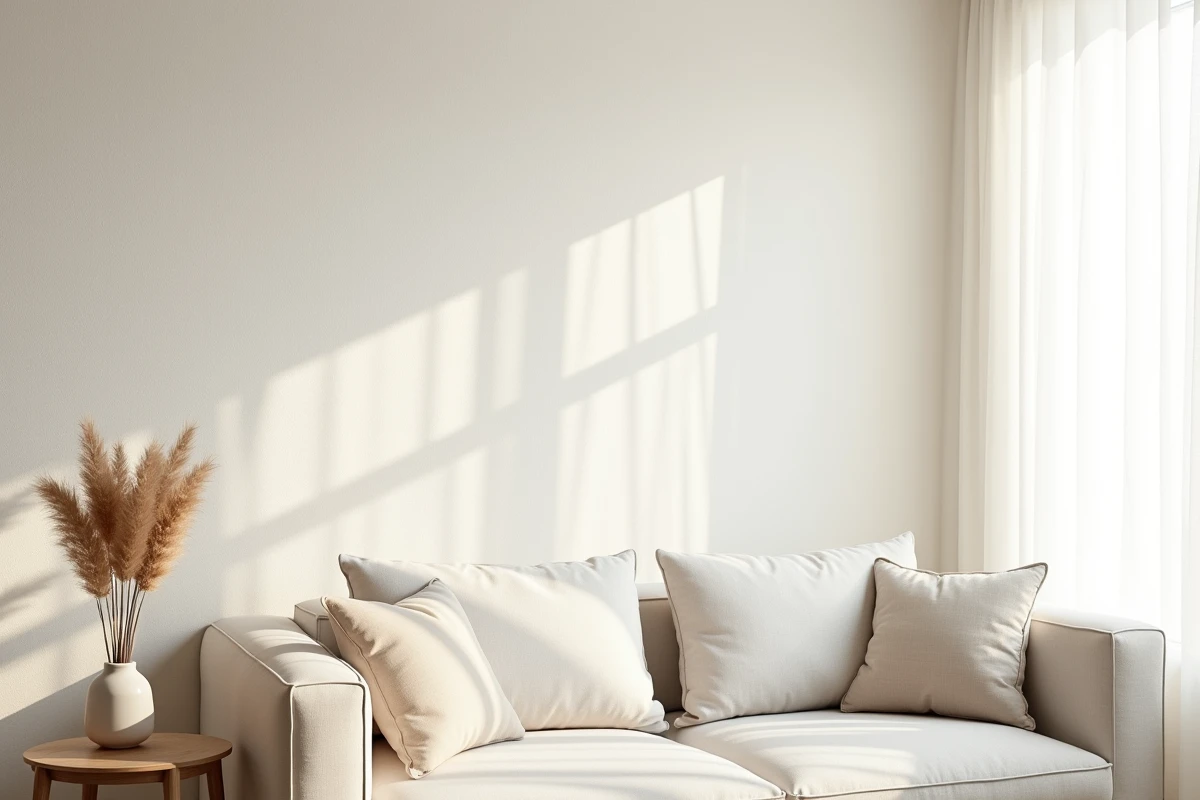 Salon scandinave avec papier peint blanc intissé effet lin texturé sur un mur principal, canapé en lin beige et décoration minimaliste