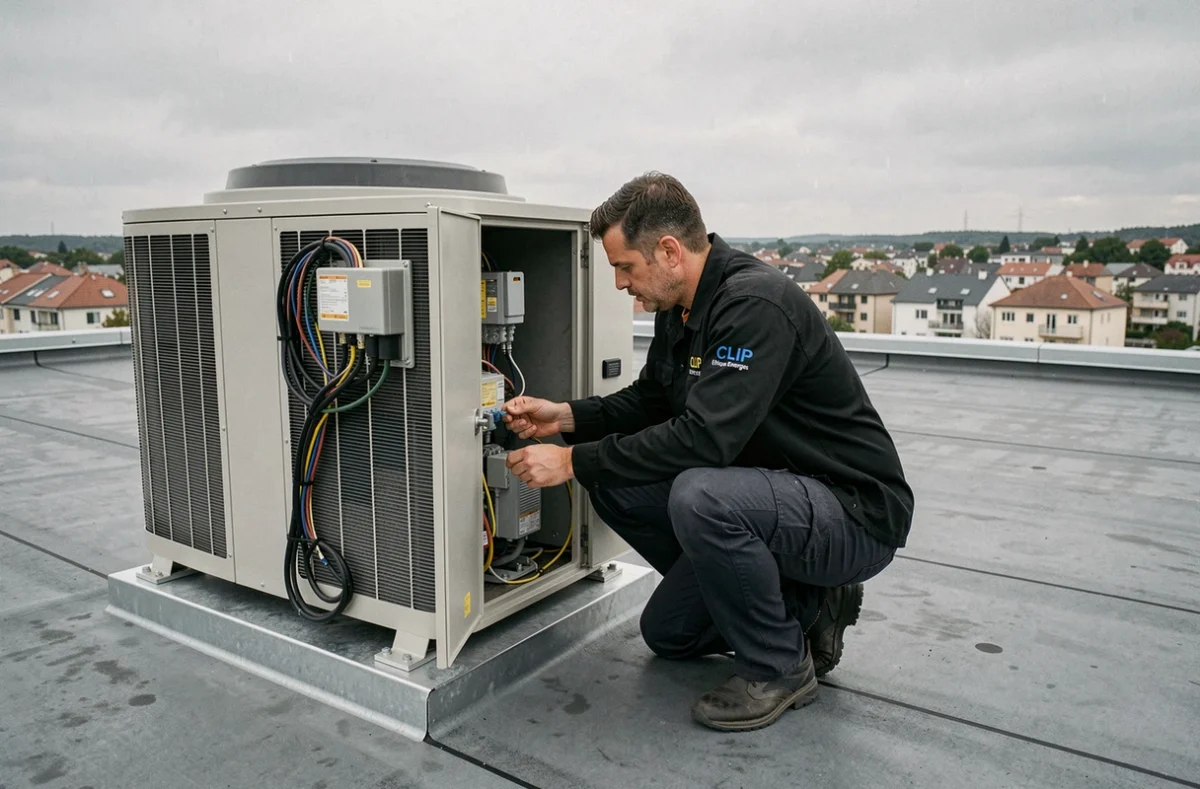 Spécialiste SARL CLIP ajustant les connexions électriques d'une pompe à chaleur commerciale en toiture