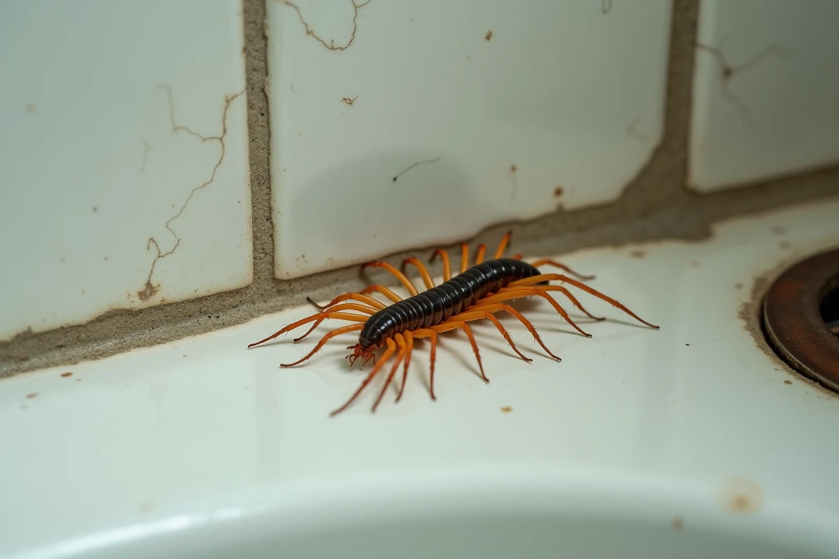 Gros plan d'un scolopendre de maison sur des carreaux de salle de bain humides et fissurés