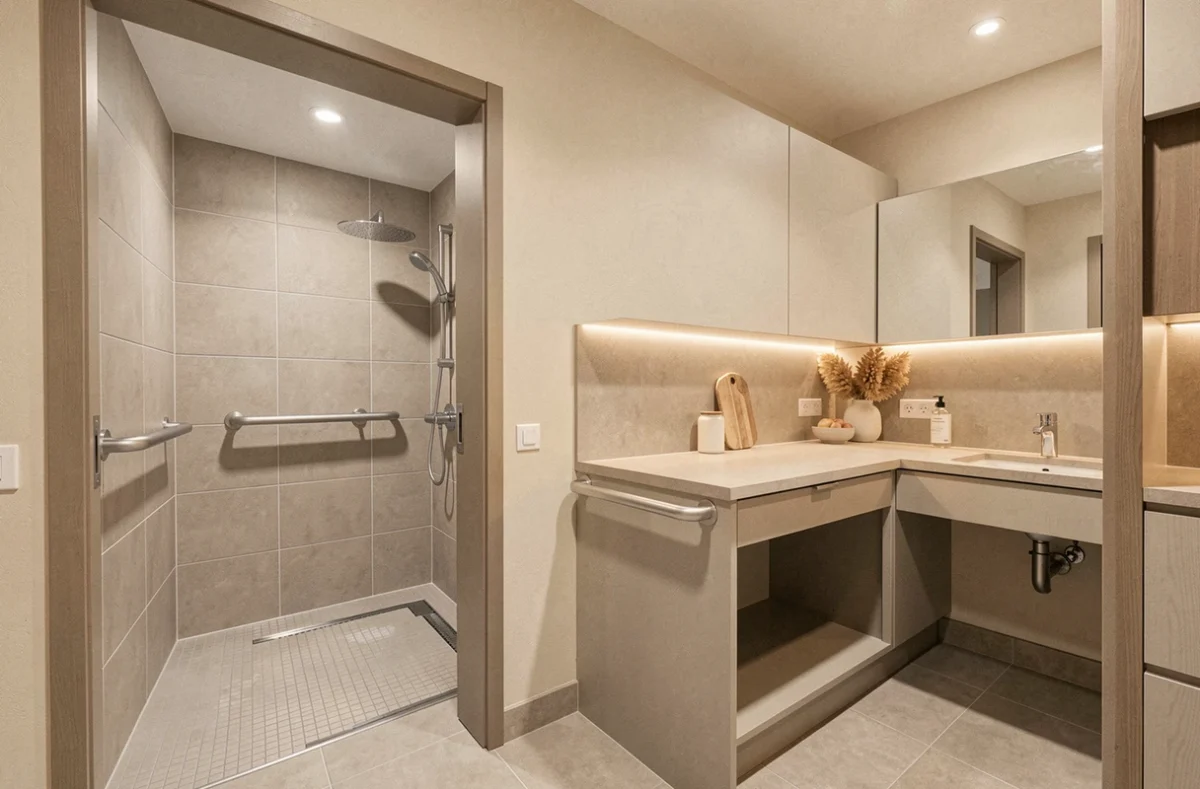 Appartement adapté rénové par Shtepi Adapt dans le Haut-Rhin avec salle de bain accessible, douche à l'italienne et cuisine aménagée pour personnes à mobilité réduite