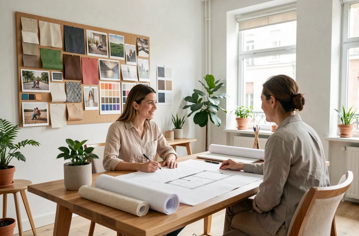 Agence S'kiss de décoration d'intérieur à Mulhouse avec une décoratrice consultant des plans avec un client dans un bureau créatif