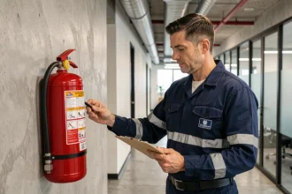 Technicien en sécurité incendie inspectant un extincteur électrique mural dans un couloir de bureaux modernes