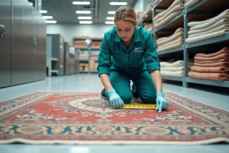 Technicienne professionnelle inspectant un tapis persan en laine dans un atelier de nettoyage 5 à sec avant d'établir un tarif