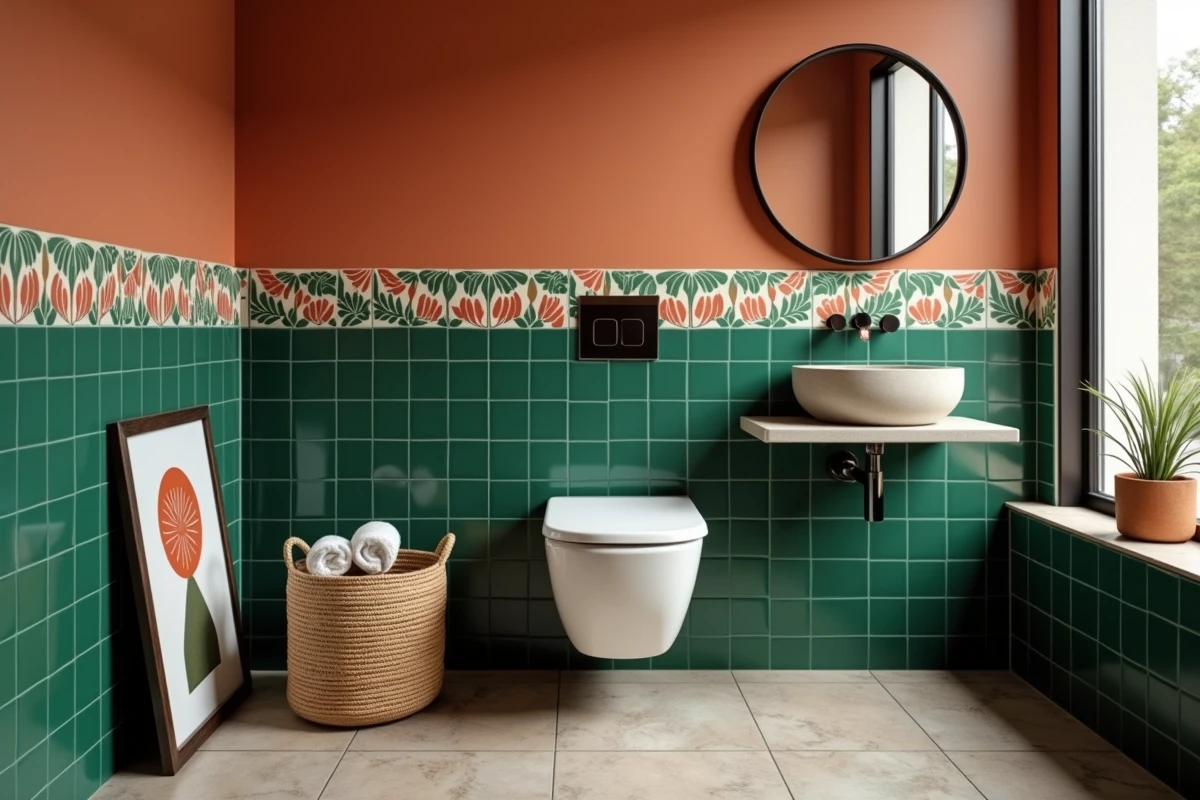 Toilette suspendu dans une salle de bain colorée avec carrelage zellige, miroir rond et décoration graphique en terracotta et vert forêt