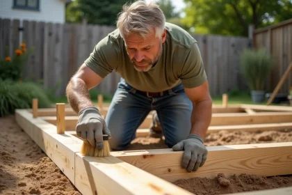 Charpentier appliquant un traitement de préservation sur des lambourdes en bois pour terrasse extérieure