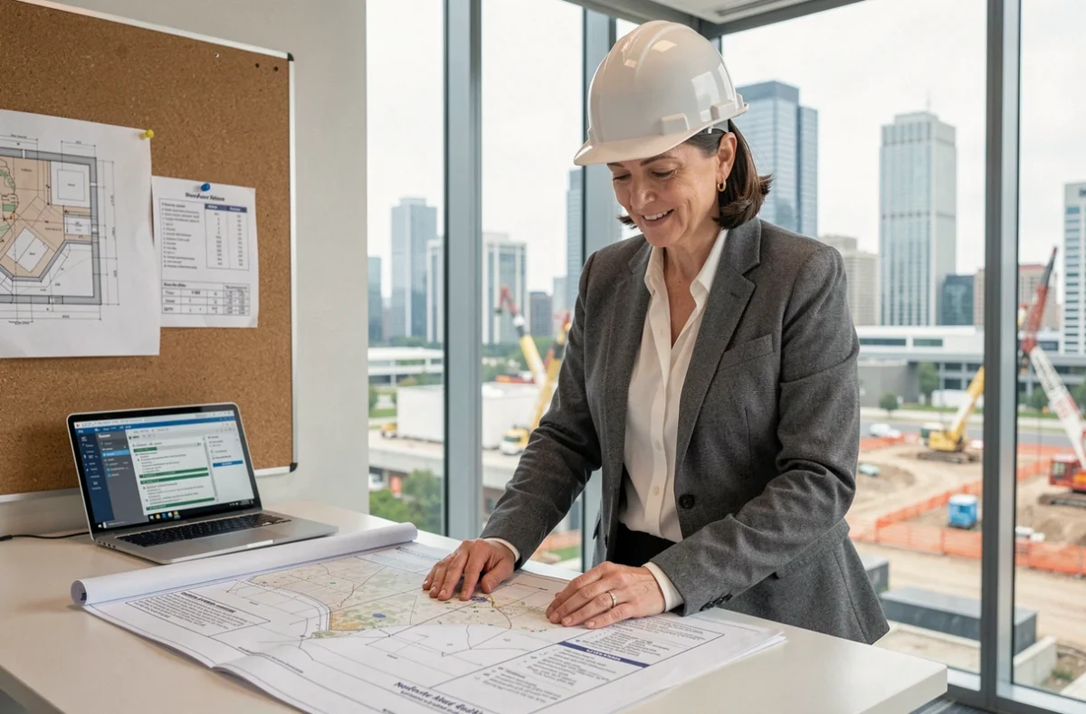 Urbaniste féminine examinant des plans réglementaires sur l'utilisation du mâchefer dans un bureau municipal moderne avec vue sur chantier
