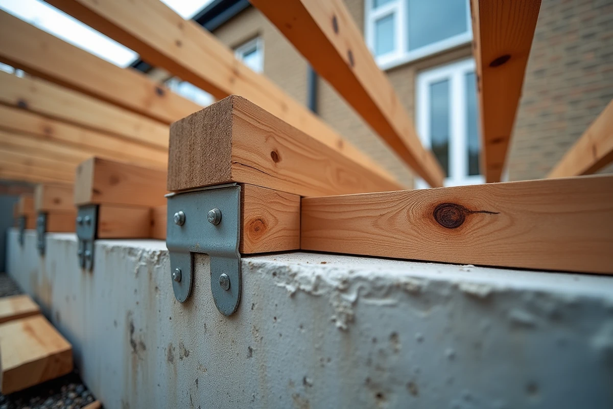 Structure de solives et lambourdes ventilées sur plots béton pour terrasse bois extérieure durable