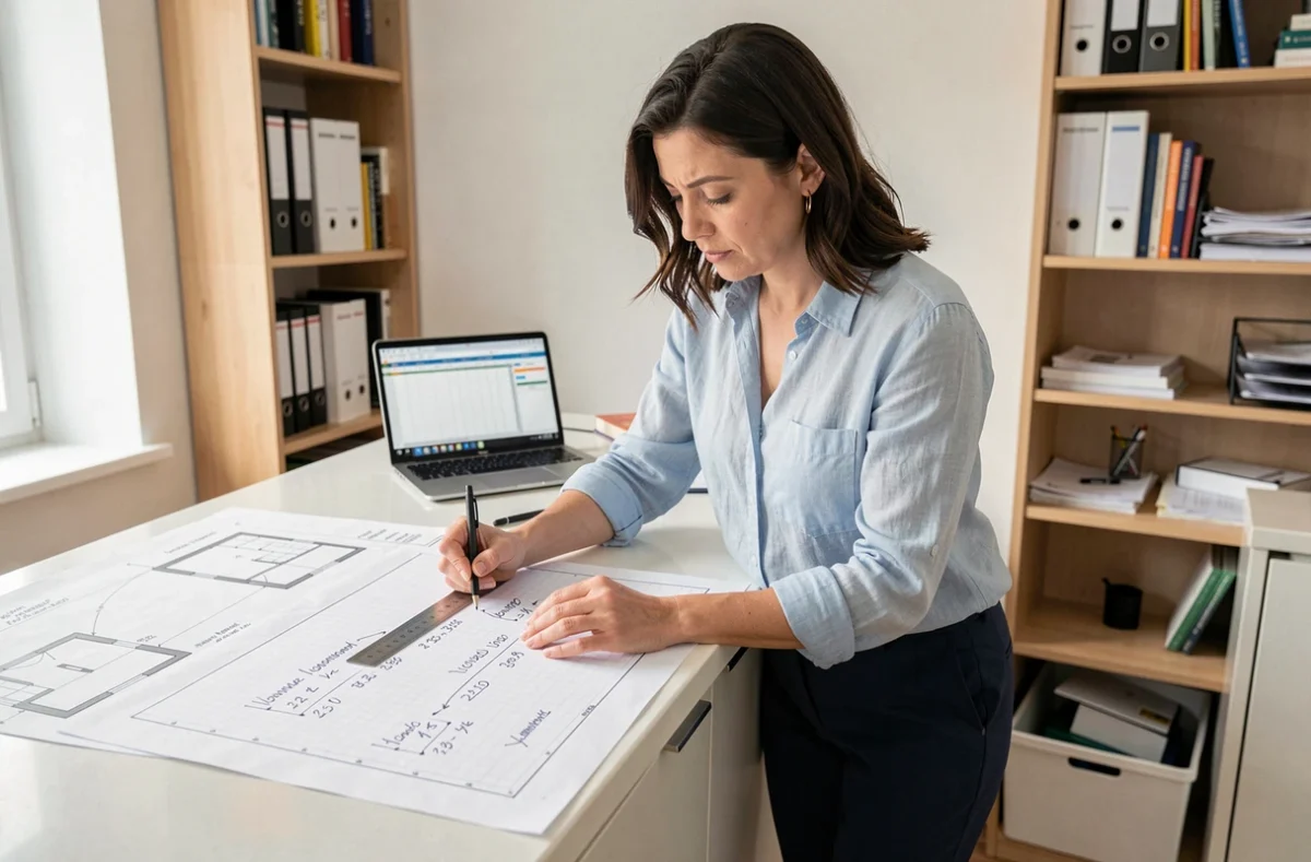 Femme vérifiant des calculs de volume en mètres cubes sur des plans architecturaux à son bureau