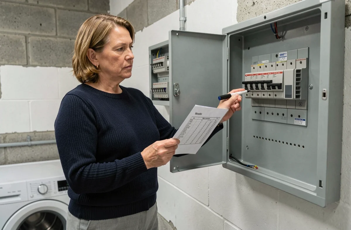 Femme vérifiant le tableau électrique et la capacité du circuit avant de brancher un radiateur électrique