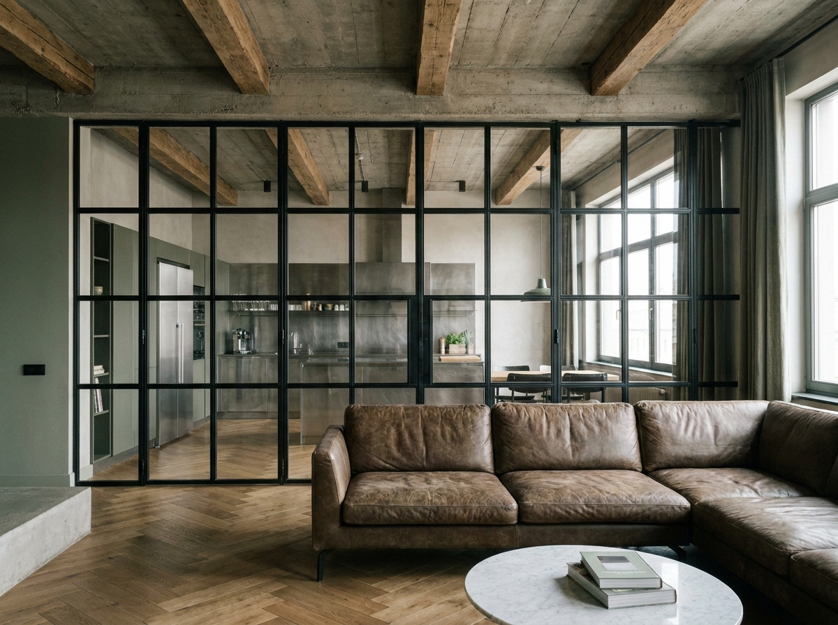 Verrière industrielle en acier noir séparant le séjour de la cuisine dans un appartement au style loft avec parquet en chêne et plafond en béton