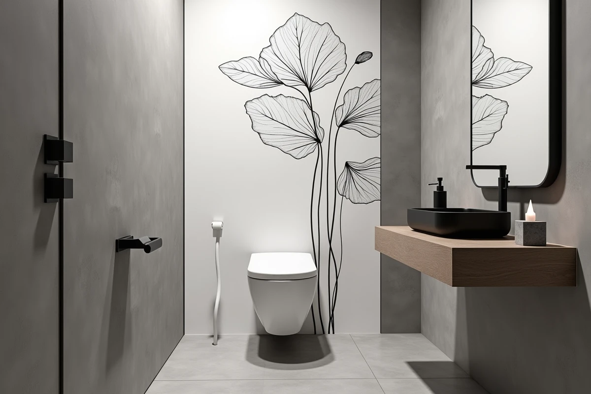 Toilette suspendu minimaliste dans des WC graphiques en microciment gris avec papier peint botanique noir sur mur accent et étagère en chêne fumé